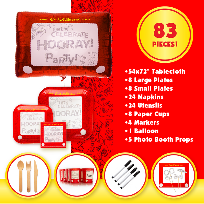 Mighty Mojo Etch A Sketch Party in A Box Kit – 83 Piece Set – Utensils, Plates, Photo Booth, Balloon, Napkins, Cup, Tablecloth and More